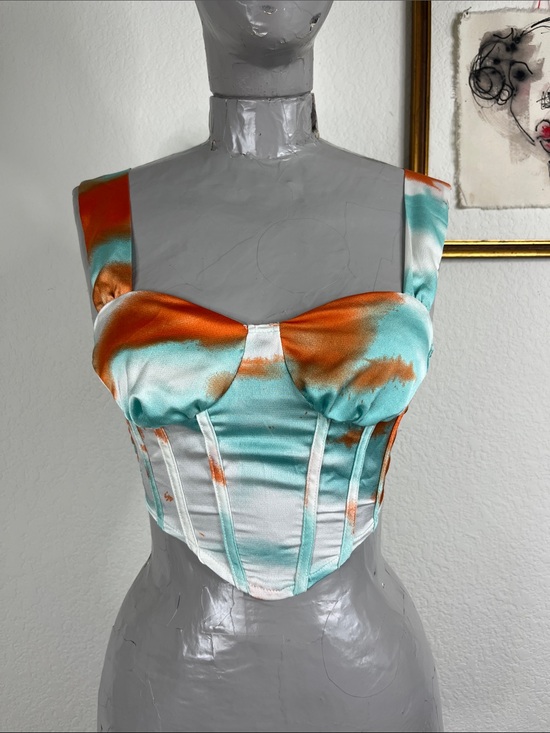 Cider Tops - Cider Refreshing Summer Corset Satin Crop Top in Aqua & Orange Tie Dye